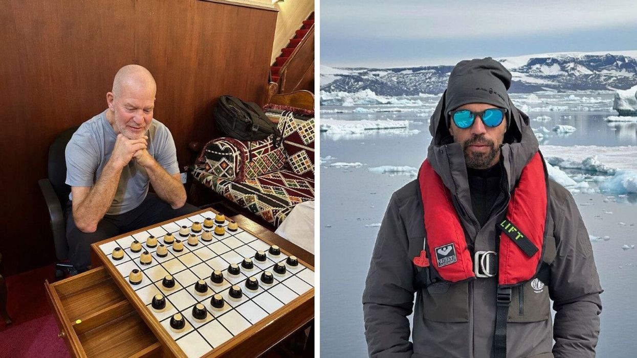 A man looking at a board game in front of him. Right: A man in winter gear and sunglasses with mountains, snow and ice behind him.