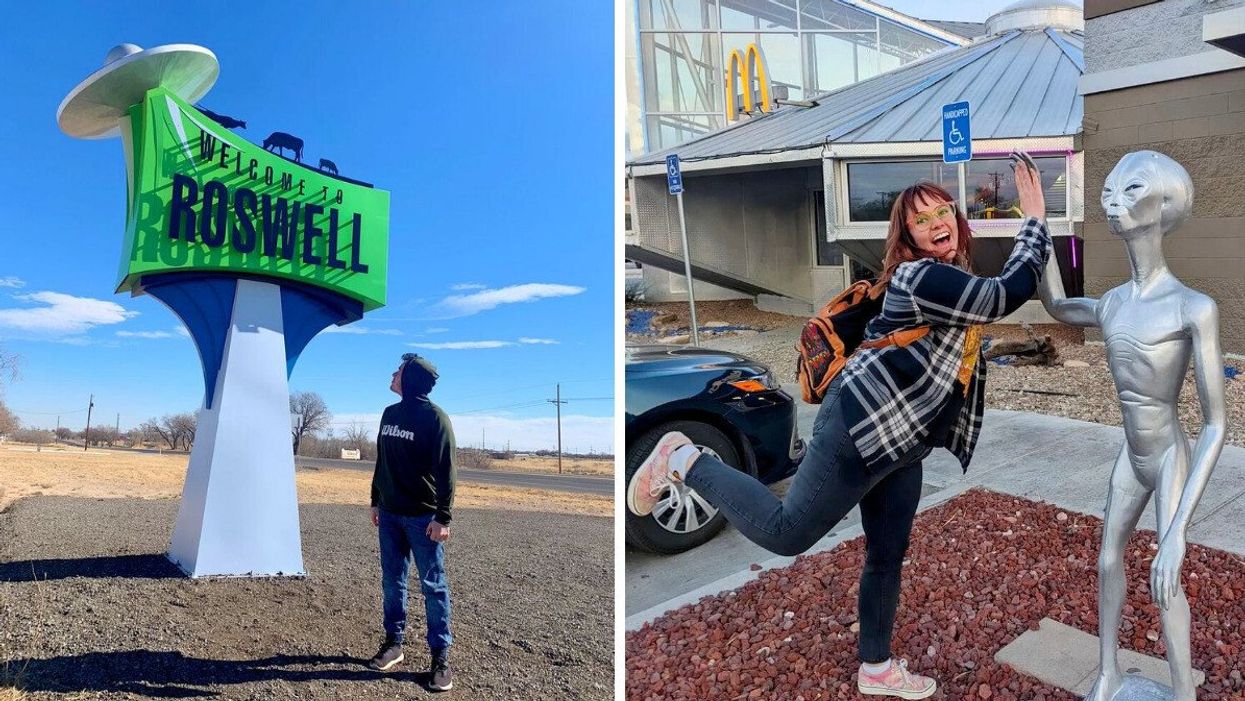 A man looking at the "Welcome to Roswell" sign. Right: A woman outside of the UFO-Shaped McDonald's in Roswell, NM.