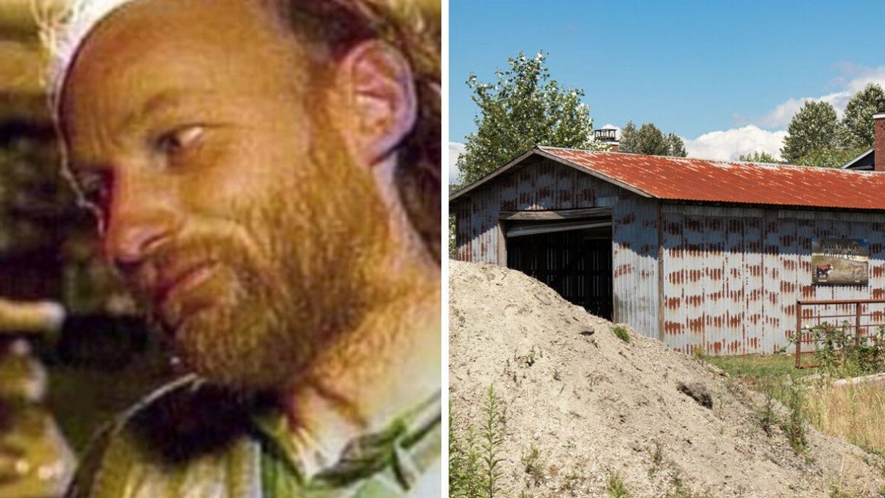 A man looking off camera. Right: A building on a farm.