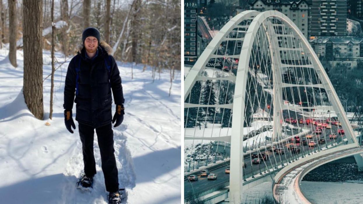A man on a snowy walk and, right, a picture of downtown Edmonton.