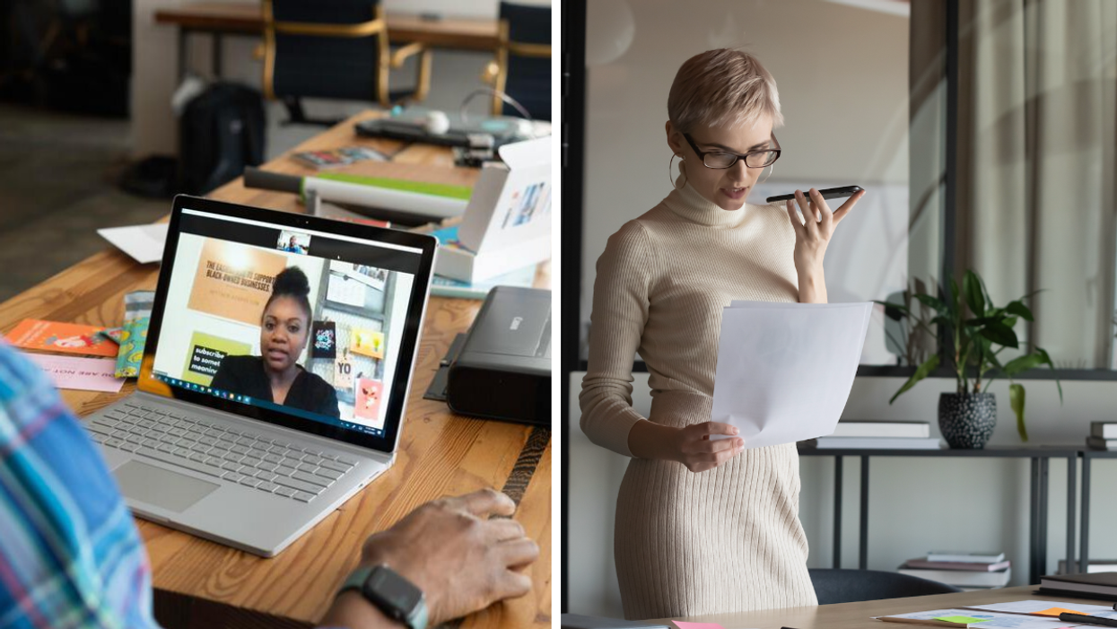 A man on a video call with a woman. Right: A woman on a phone call.