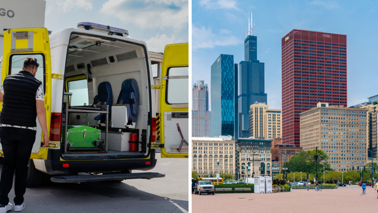 A man opening a door to a funeral home van. Right: Buildings in Chicago, IL.