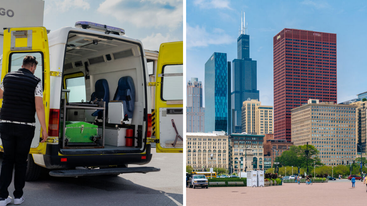 A man opening a door to a funeral home van. Right: Buildings in Chicago, IL.