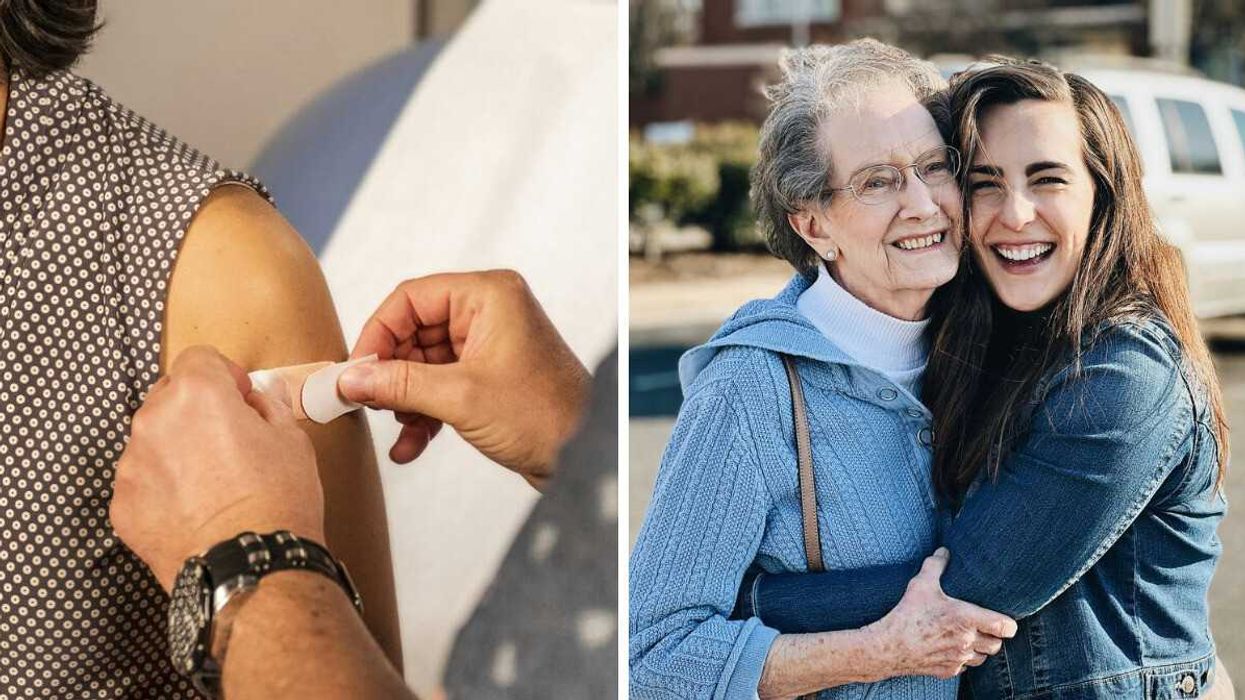A man placing a bandage on a woman's arm. Right: Two women hugging each other and smiling.