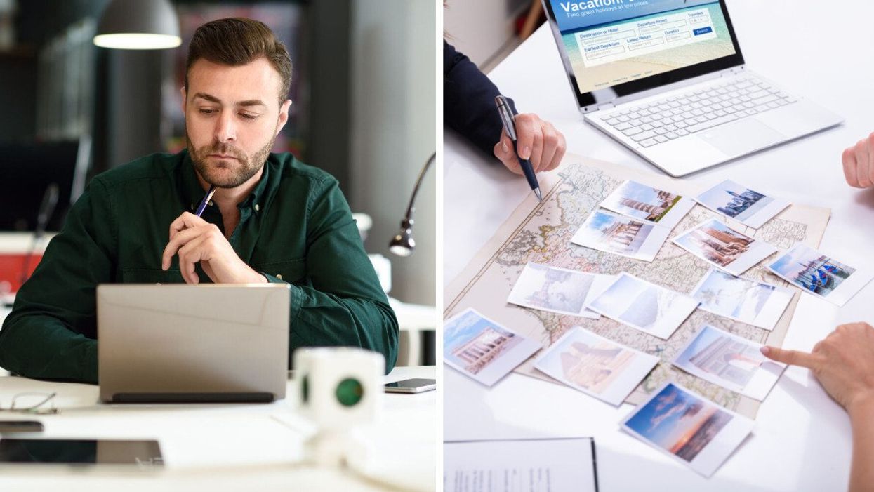A man planning his trip on a laptop. Right: A travel agent showing a person some options for their trip.