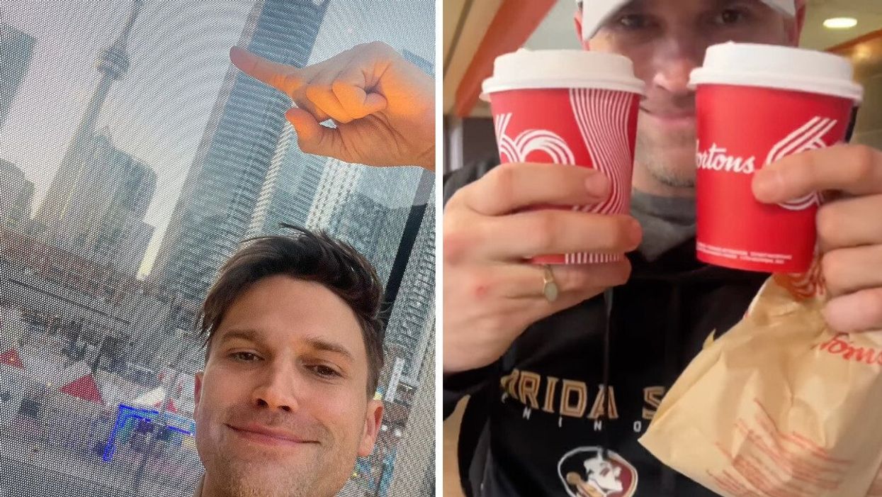 A man pointing at the CN Tower in Toronto. Right: A man holding two cups of Tim Hortons coffee.