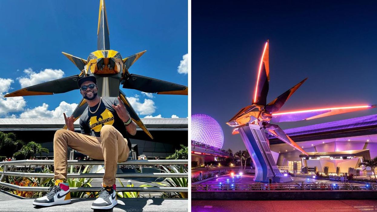 A man poses outside the new Guardians of the Galaxy ride. Right: The exterior of the Cosmic Rewind ride at Epcot at night.