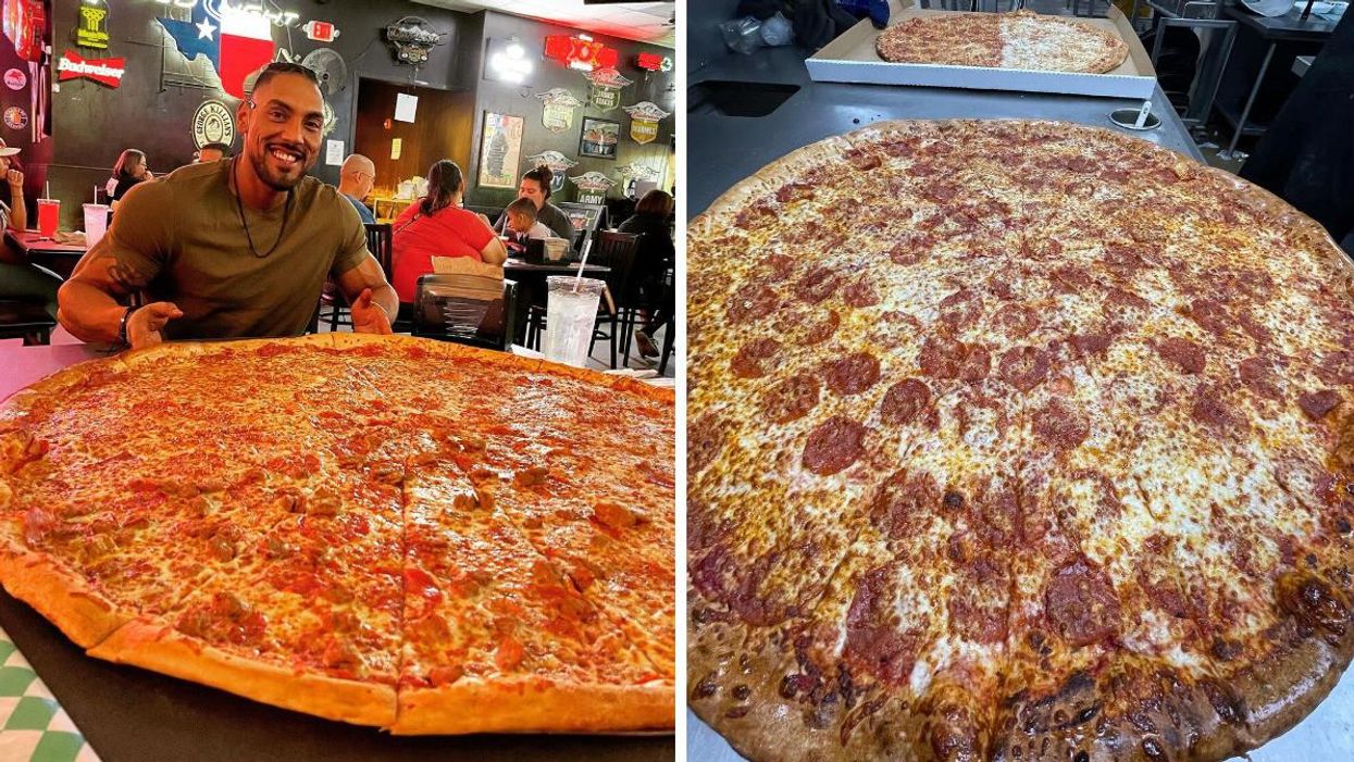 A man poses with a huge pizza from Big Lou's Pizza In San Antonio. Right: A 37-inch pizza from Big Lou's Pizza.