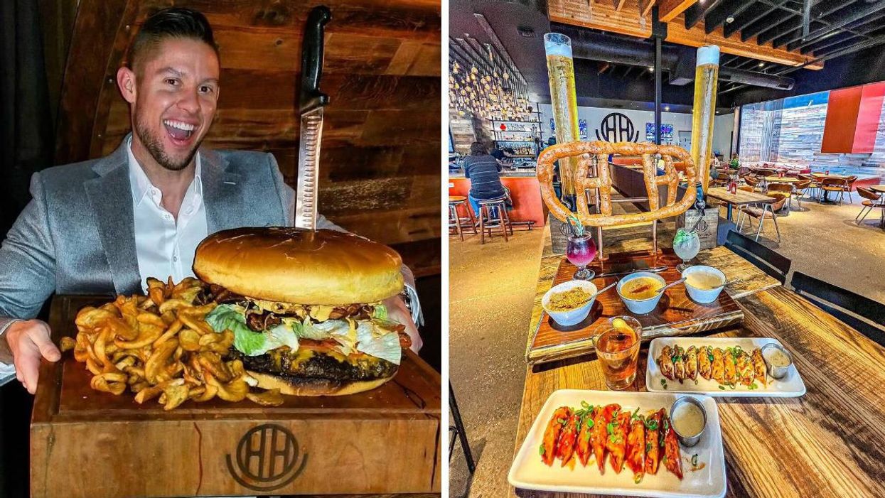 A man poses with the Big Happy Burger. Right: The Big HH Pretzel and other plates displayed on a table.