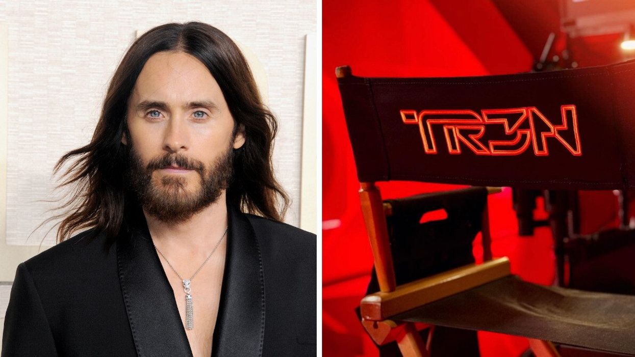 A man posing for a photo. Right: A photo of a chair with "Tron" written on it.