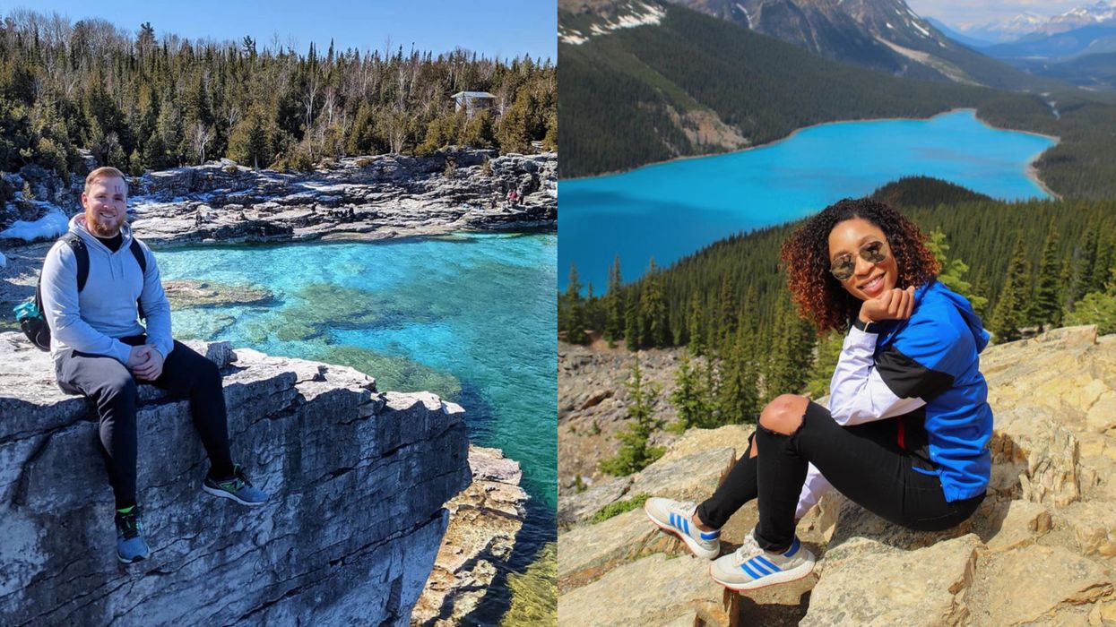 A man sat beside clear water. Right: A woman sat beside blue water.