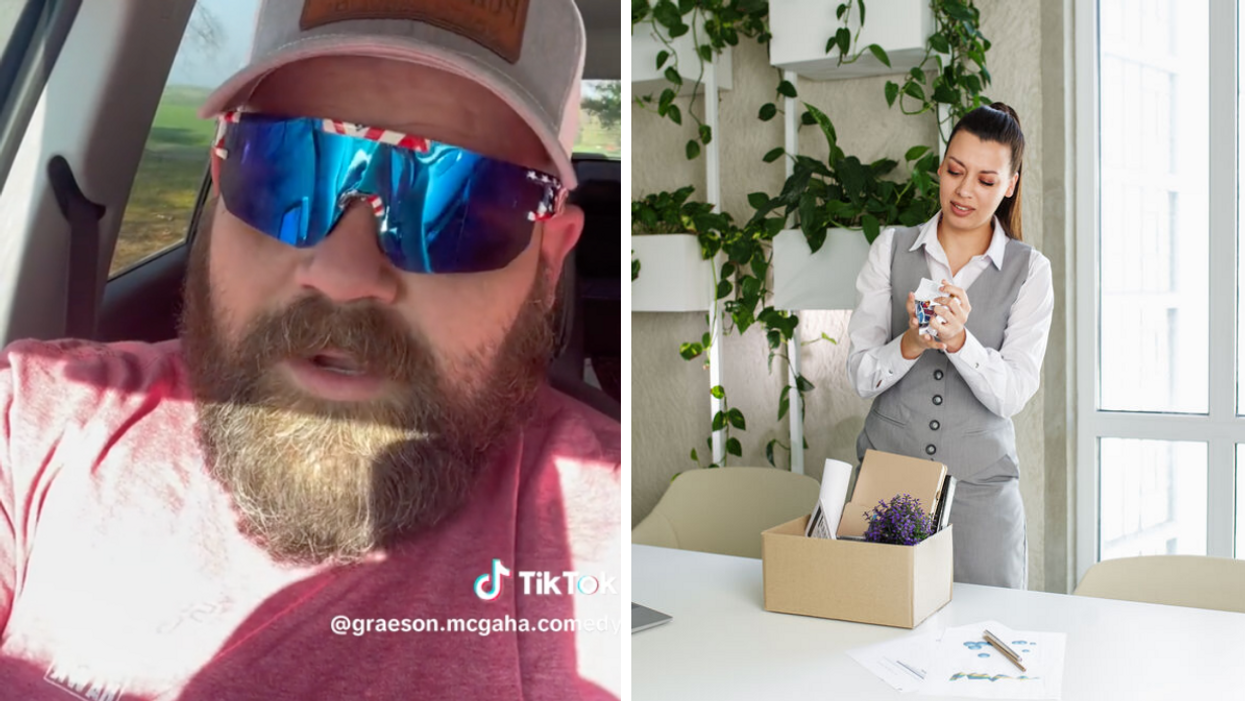 A man sharing his opinion on TikTok. Right: A woman packing up her work things in a cardboard box.
