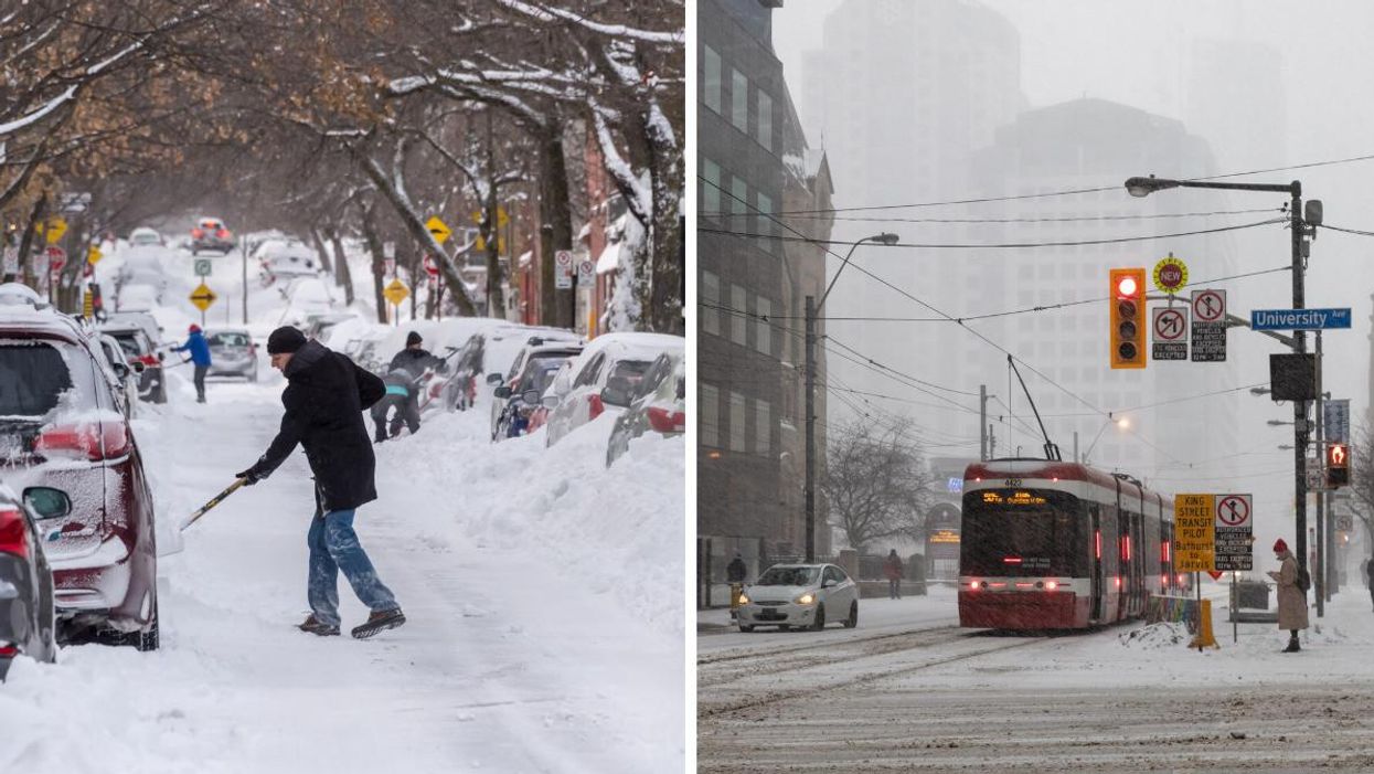 A man shovelling snow. Right: A Toronto street car on a snowy day.