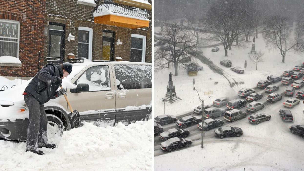 A man shovelling snow. Right: A winter traffic jam