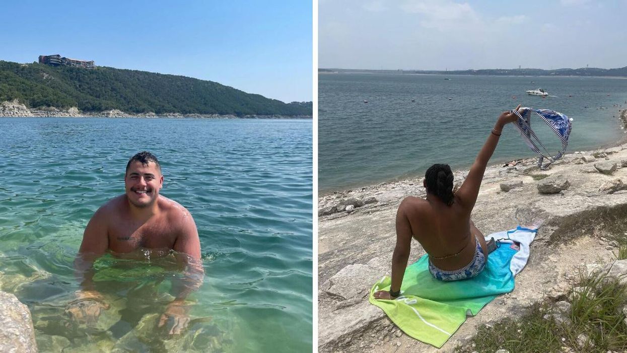 A man sits in the turquoise waters at Hippie Hollow. Right: A woman sits on the shores of Hippie Hollow holding her bikini top.