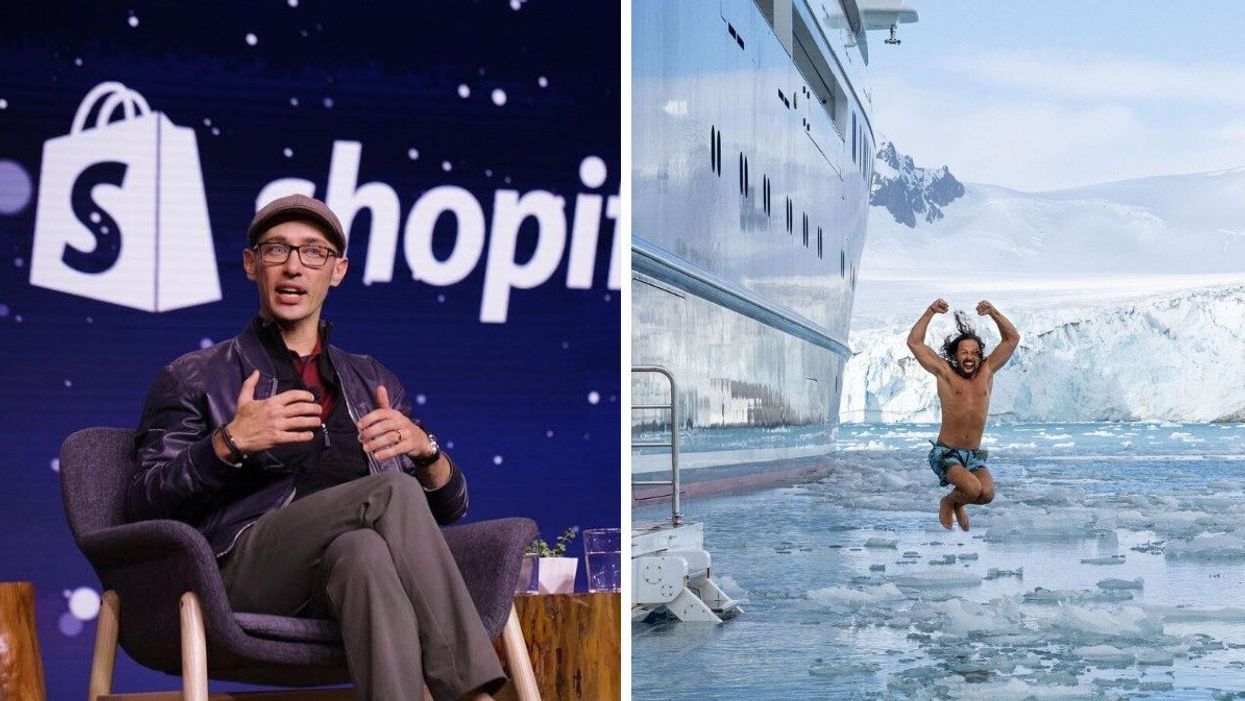 A man sits on a stage with the word "Shopify" behind him. Right: Someone jumps from a large ship into icy water.