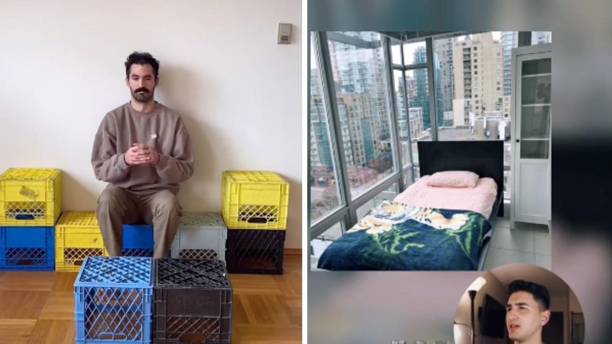 A man sits on boxes in a condo in Vancouver, and right, a bed looking over views of downtown Vancouver.