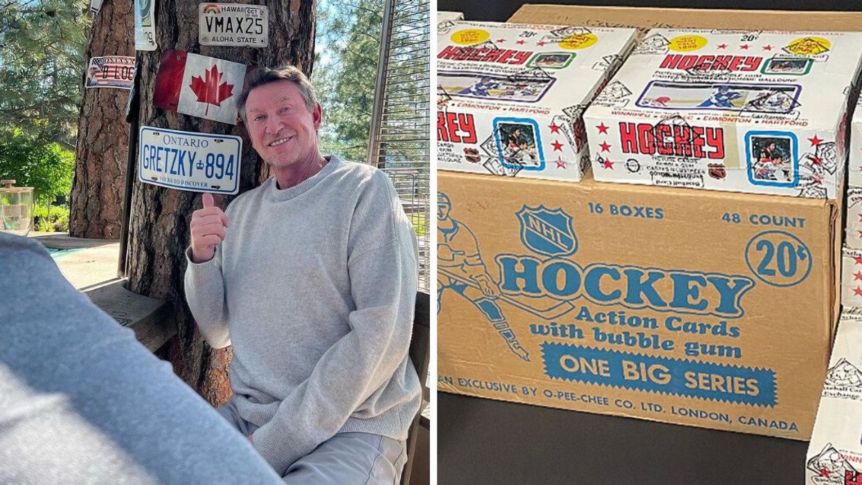 A man sitting and pointing to an Ontario licence plate that says "Gretzky" on it. Right: Boxes of hockey cards stacked on top of each other.