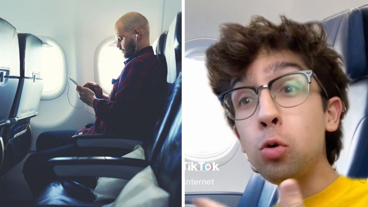 A man sitting in a seat on a plane. Right: The TikToker explaining his airline hack.
