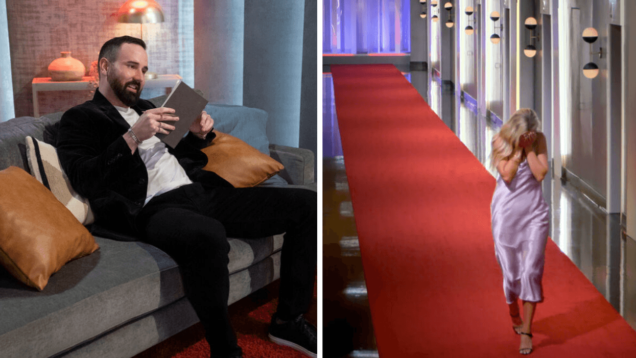 A man sitting in the pods. Right: A woman with her head in her heads walking down a red carpet.