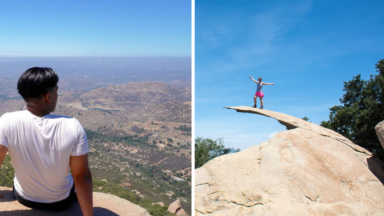 A man sitting on Potato Chip Rock. Right: A woman standing on Potato Chip Rock.
