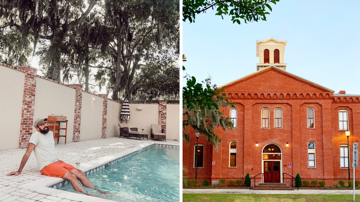 A man sitting poolside with his feet in the water at Amelia Schoolhouse Inn. Right: The exterior of the Amelia Schoolhouse Inn.