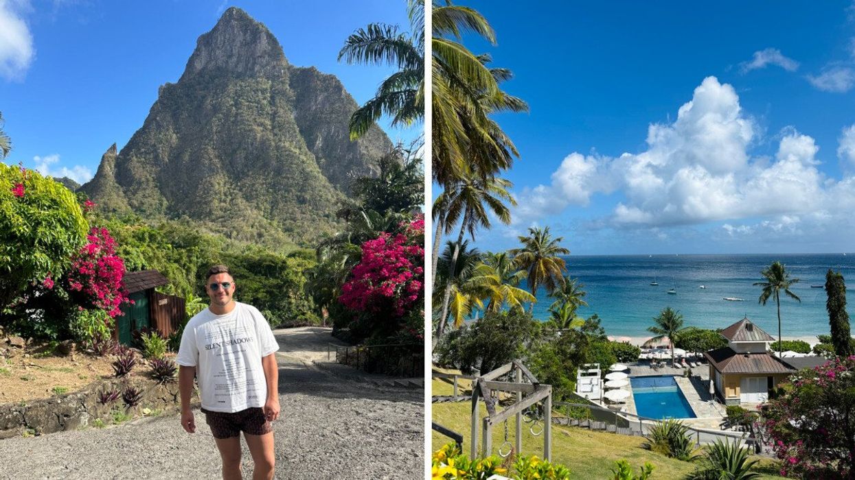 A man smiles in front of one of the iconic Pitons. Right: A dreamy resort beside the ocean, framed by palm trees.
