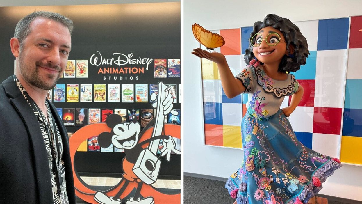 A man smiling in front of Mickey Mouse. Right: A statue of Mirabel from Disney's Encanto.