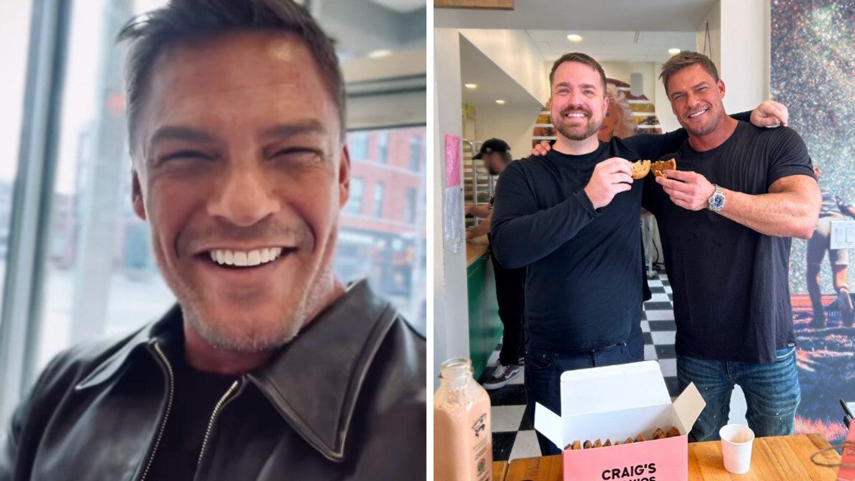 A man smiling into the camera. Right: Two people holding cookies and posing for a phone.
