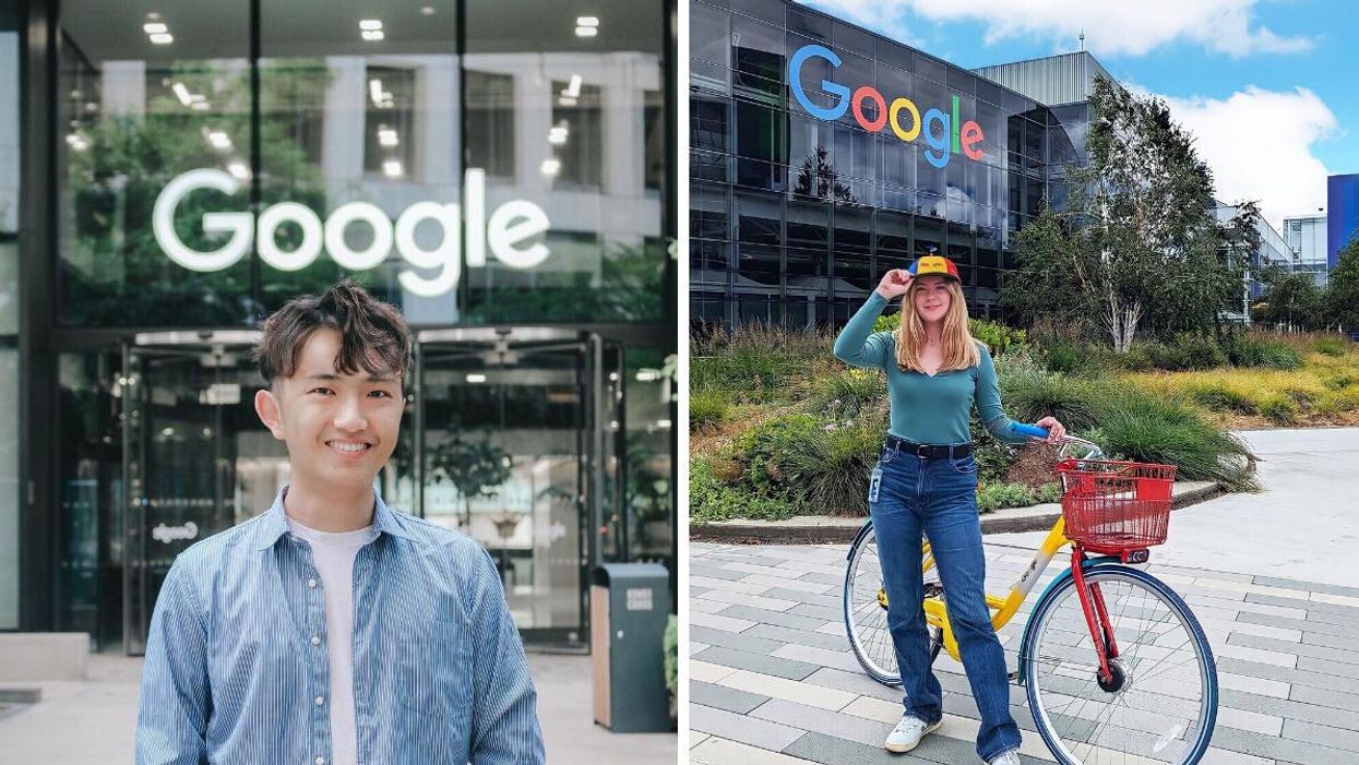 A man smiling outside of a Google workplace. Right: A woman holding onto a bike.