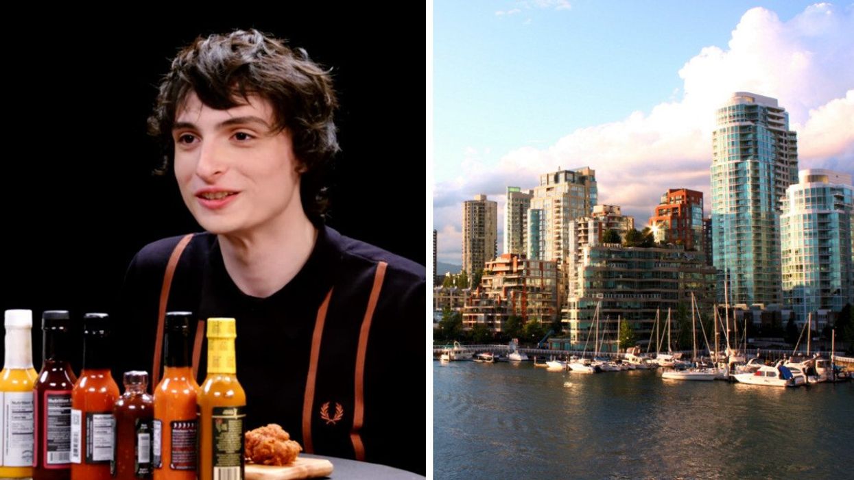A man smiling with a chicken wing and hot sauces sitting on a table in front of him. Right: A skyline view of buildings and boats in Vancouver.