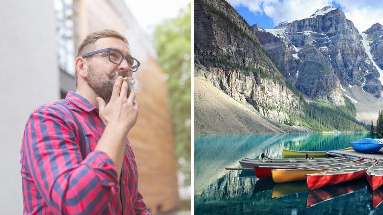 A man smoking. Right: Moraine Lake in Alberta.