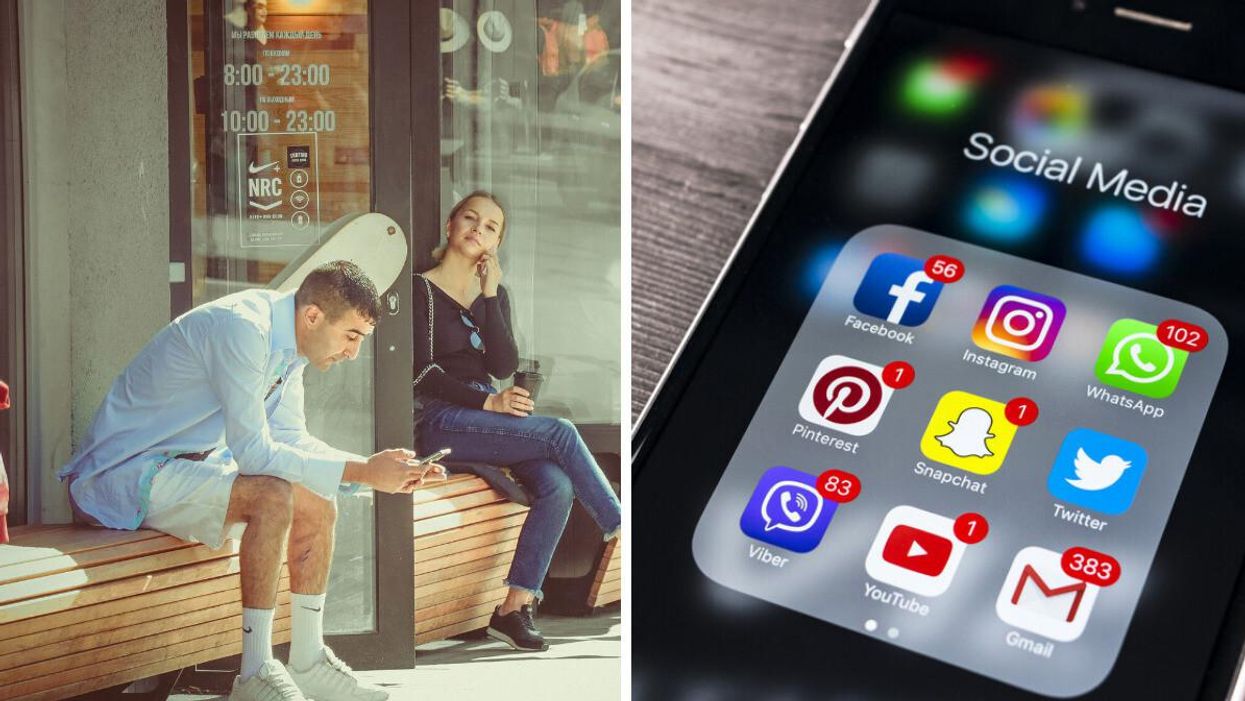 A man stares at his phone while sitting. Right: A phone screen with lots of social media apps open.