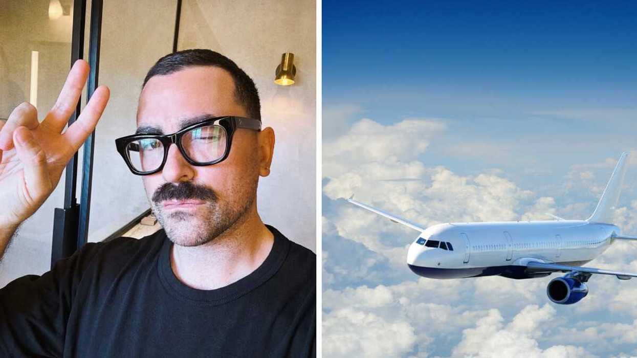 A man taking a selfie. Right: An airplane in the sky.