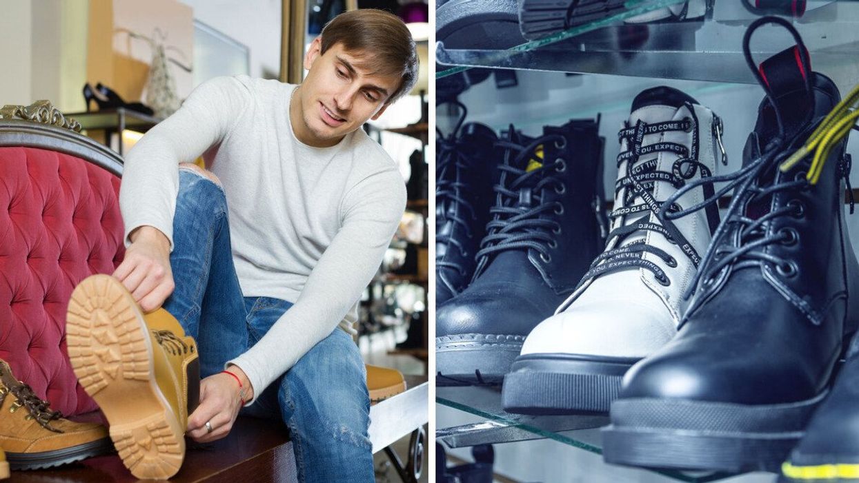A man trying on boots. Right: Assorted men's winter boots.