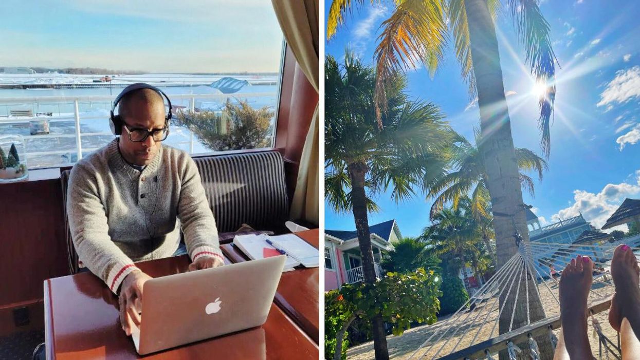 A man using a laptop. Right: Feet on a hammock on a sunny day.