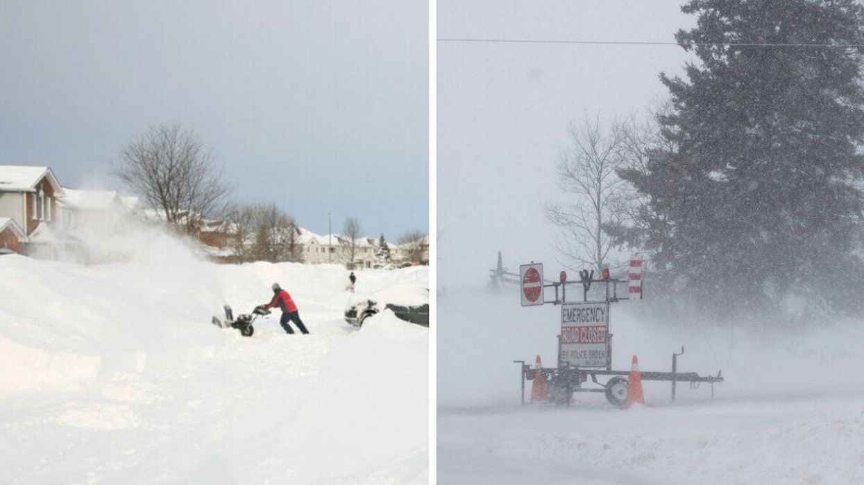 A man using a snow blower. Right: Road closures in Ontario