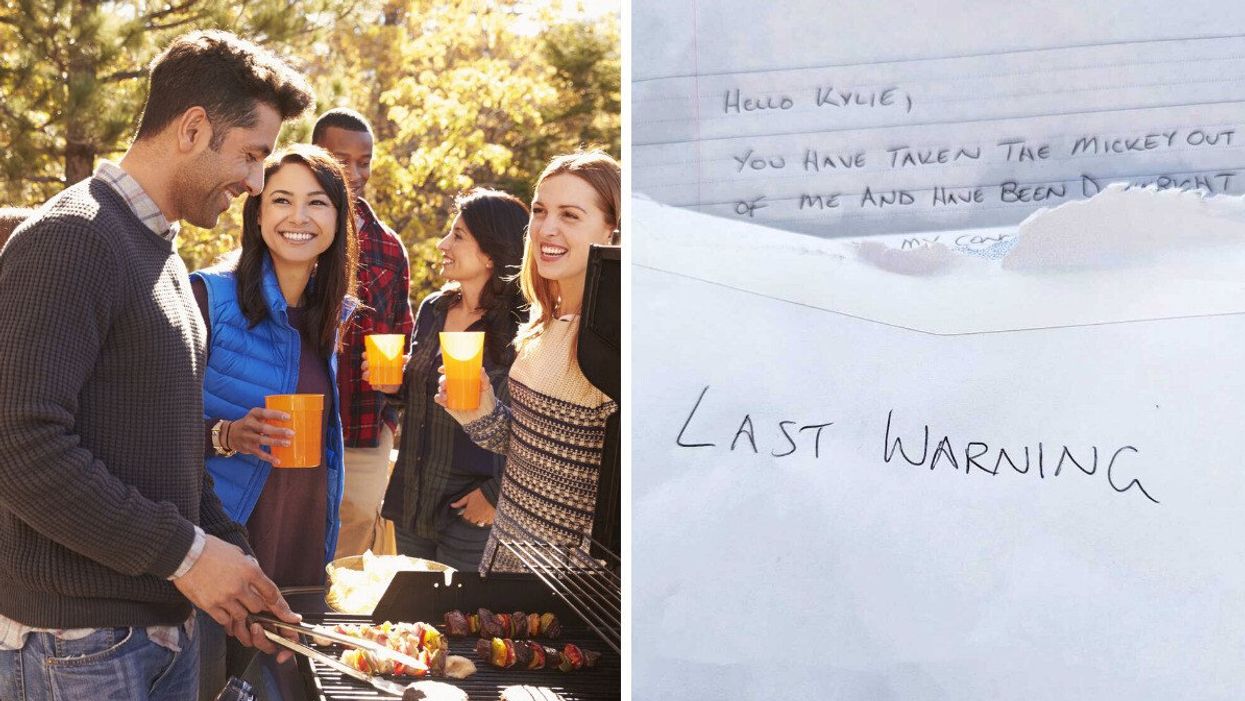 A man using the grill at a barbecue. Right: A vegan's angry letter about barbecuing next door in Australia.