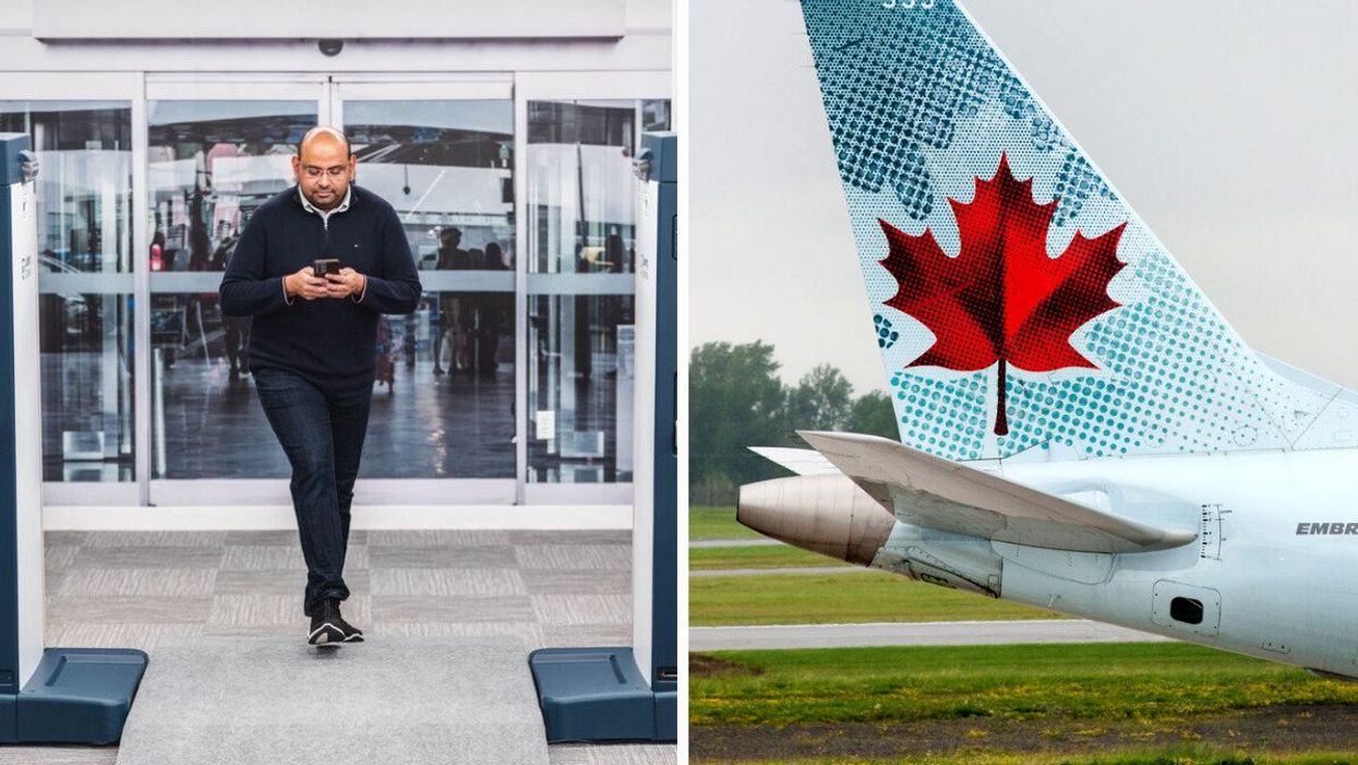 A man walking through Pearson Airport's AI security system. Right: The tail of an Air Canada jet.