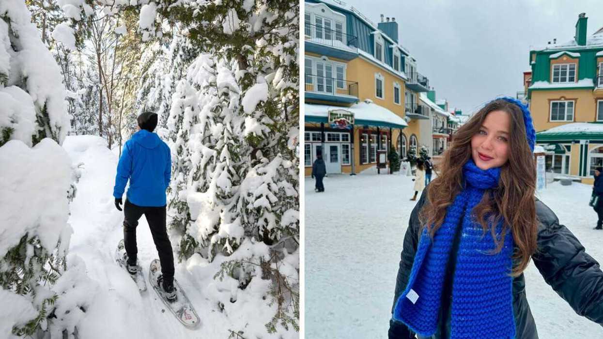 A man walks between trees on snowshoes. Right: A woman smiles on a snowy street in Mont-Tremblant.