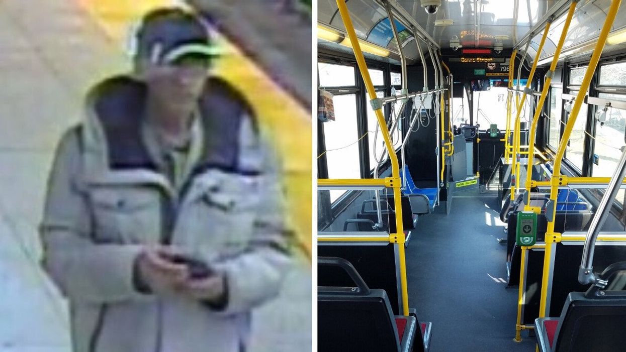 A man wanted in a sexual assault on a TTC bus. Right: The inside of a TTC bus.