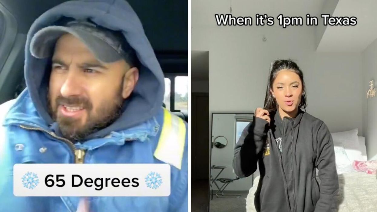 A man wearing a jacket inside a car with a 65-degree weather. Right: A woman taking off her jacket.