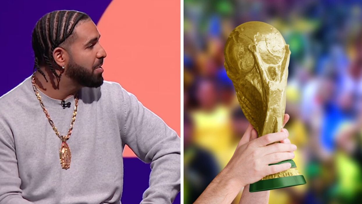 A man wearing a large gold chain sitting and looking off camera. Right: A hand holding up a gold trophy.