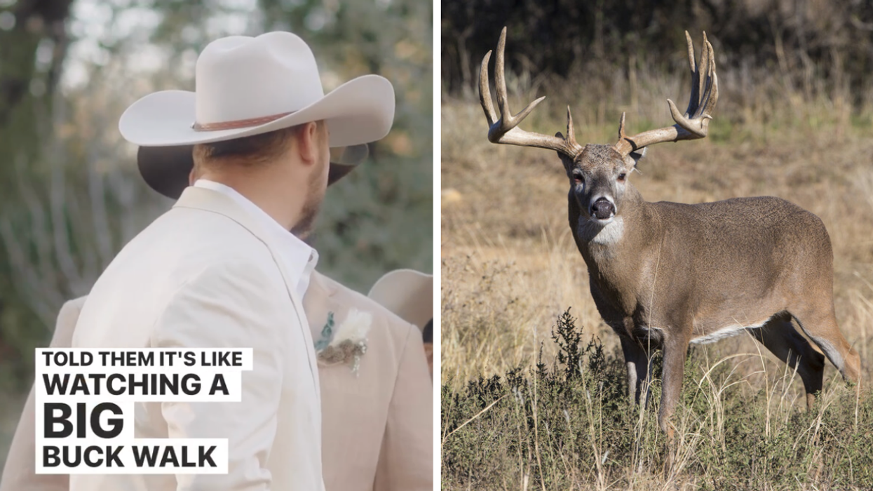 A man wearing a white shirt and a white cowboy hat. Right: A Whitetail buck.