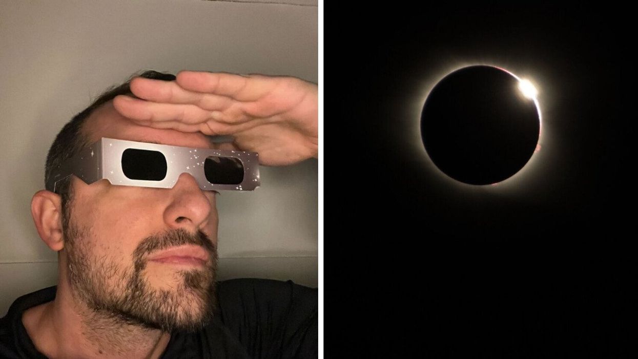 A man wearing eclipse glasses. Right: A total solar eclipse.