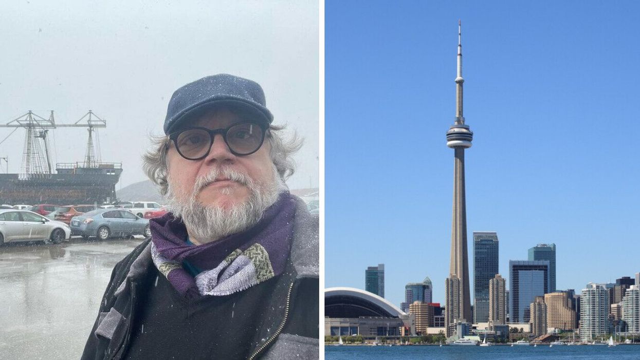 A man wearing glasses and a hat taking a selfie. Right: The Toronto skyline with the CN Tower.