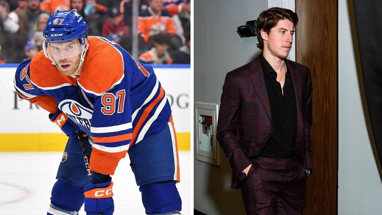 A man wearing hockey gear and holding a hockey stick. Right: A man in a black shirt and dark purple suit.