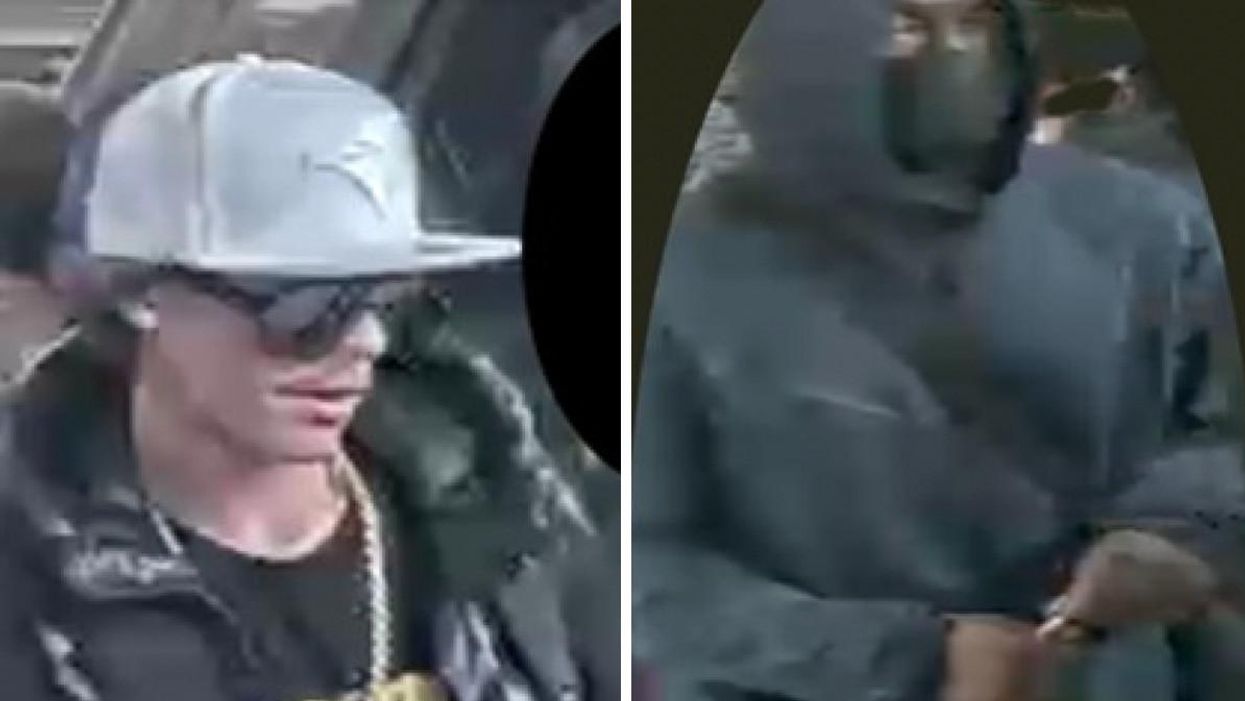 A man wearing sunglasses and a white cap. Right: A masked man wearing a dark jacket.