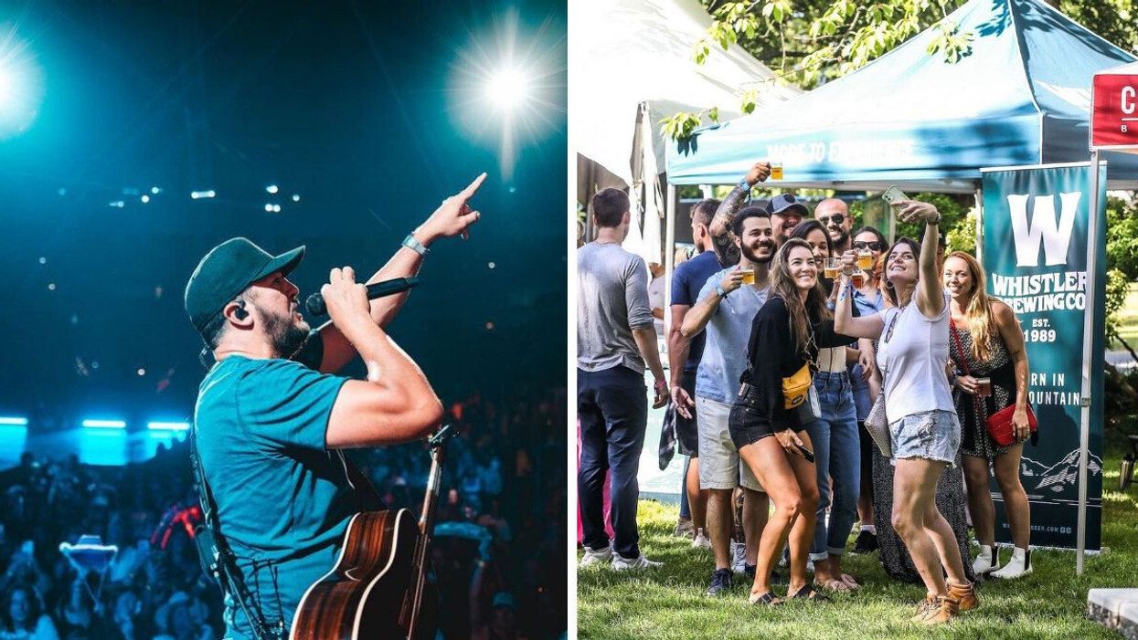 A man with a guitar singing into a microphone. Right: A group of people holding glasses of beer taking a group photo.