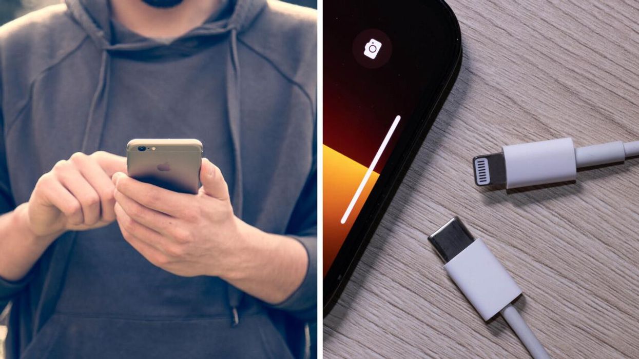 A man with an Apple iPhone. Right: USB-C and Apple lightning connectors.
